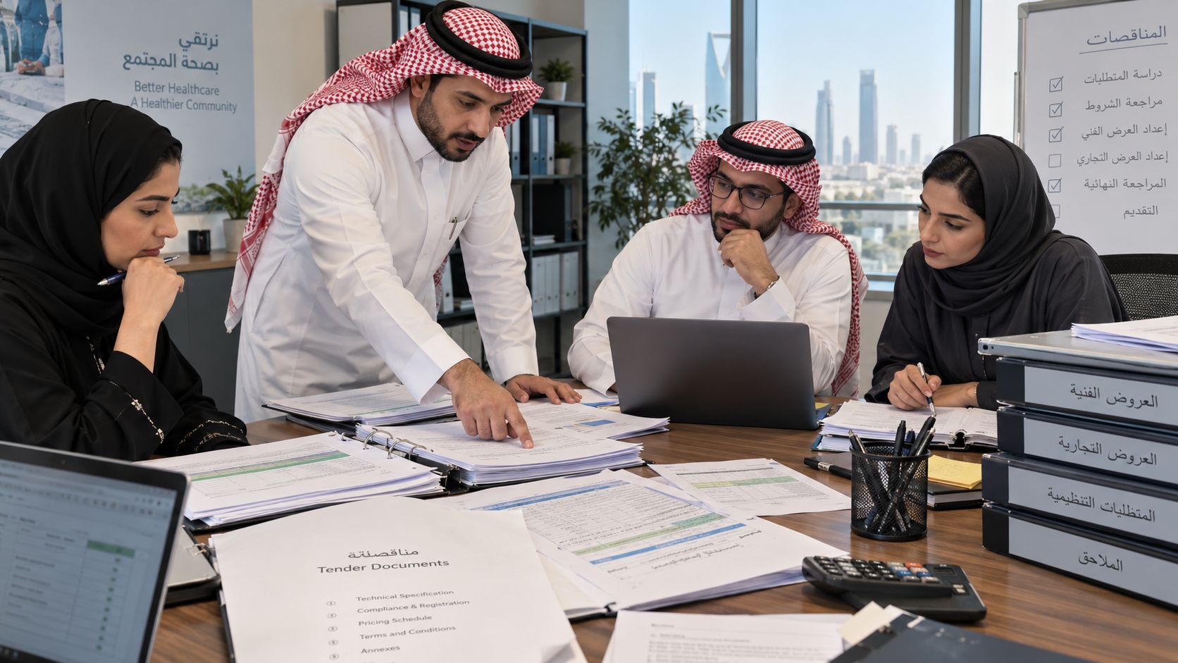 Commercial team at a healthcare distributor's office in Riyadh reviewing tender documents and bid files around a meeting table.
