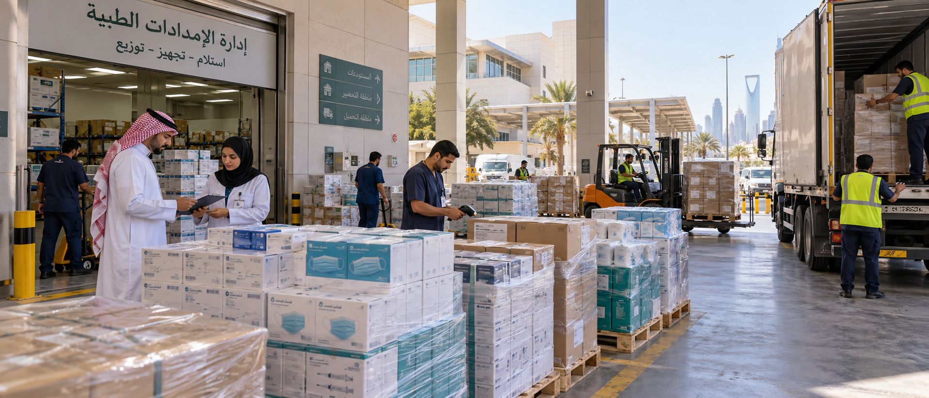 Medical supplies department at a hospital in Riyadh, where pallets of masks and consumables are checked, scanned and loaded onto delivery trucks.