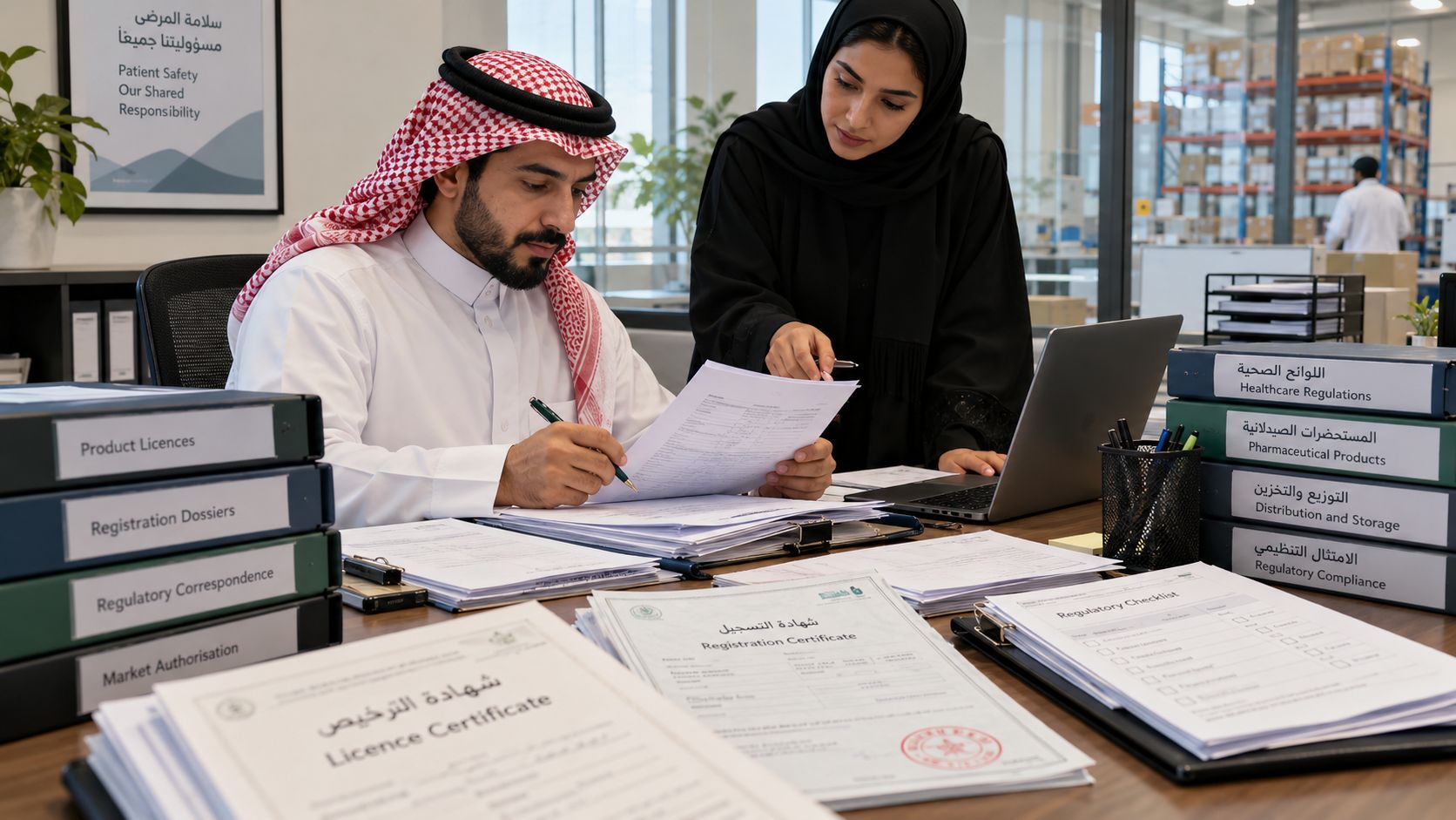 Regulatory affairs staff at a healthcare distributor in Saudi Arabia reviewing licence and registration certificates beside binders of healthcare regulations.
