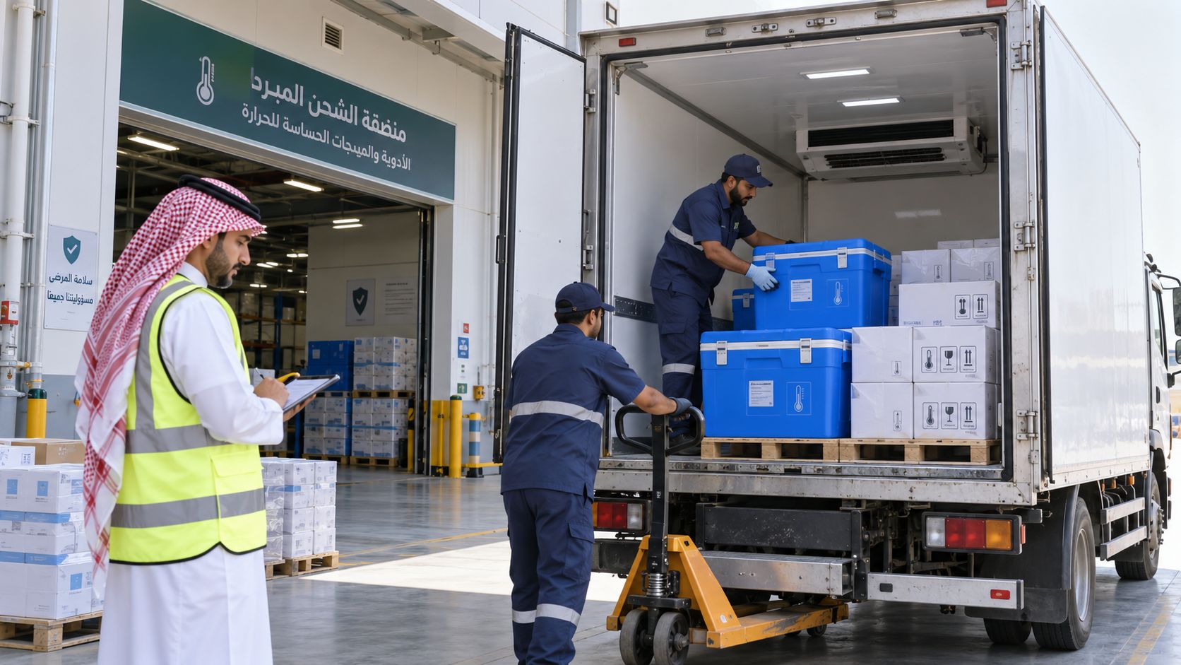 Insulated cool boxes of temperature-sensitive medicines being loaded into a refrigerated truck at a pharmaceutical warehouse in Saudi Arabia while a supervisor checks the manifest.